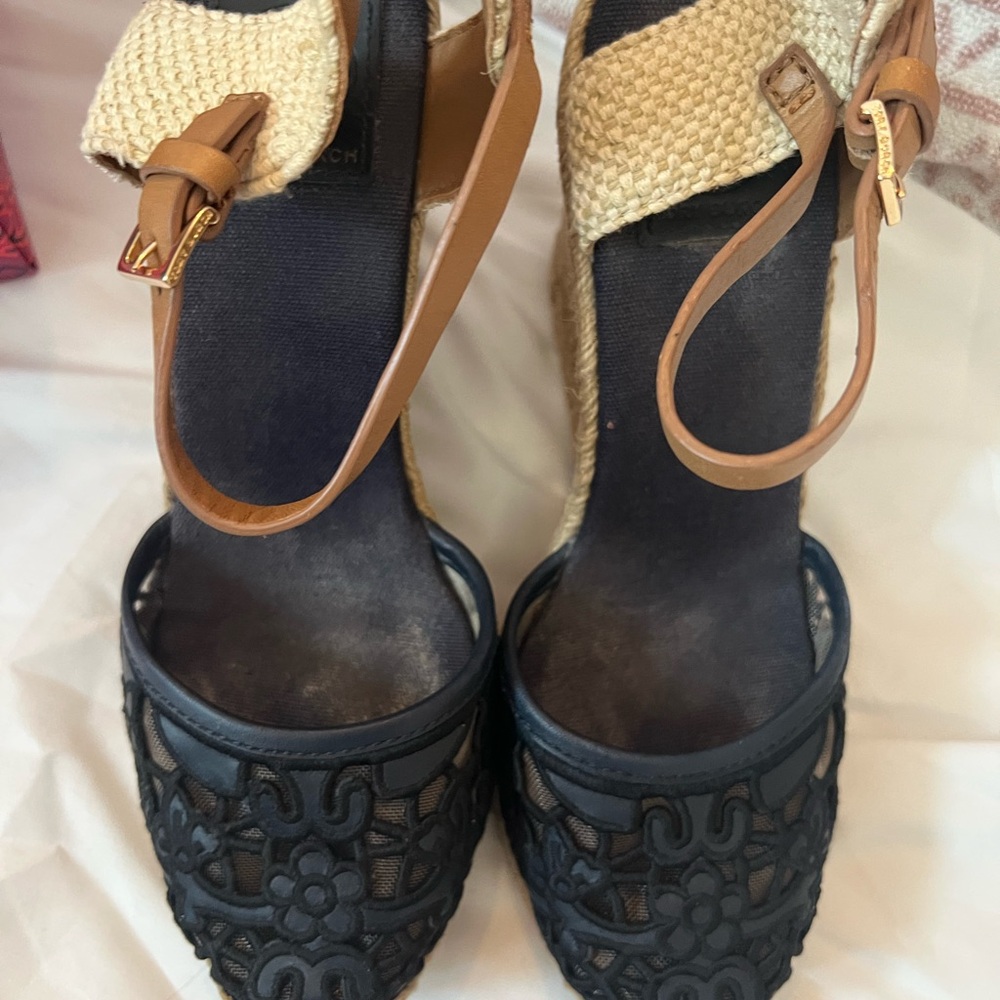 Tory Burch Navy and Tan Wedge Sandals “Lucia” - Picture 4 of 4